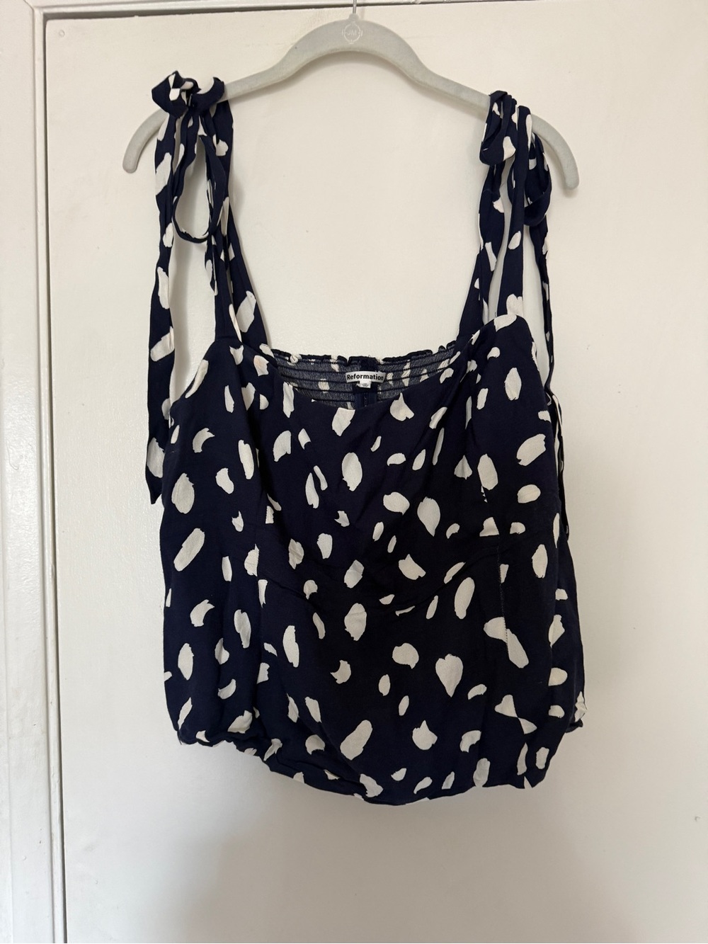 Reformation Navy and White Tie-Shoulder Camisole